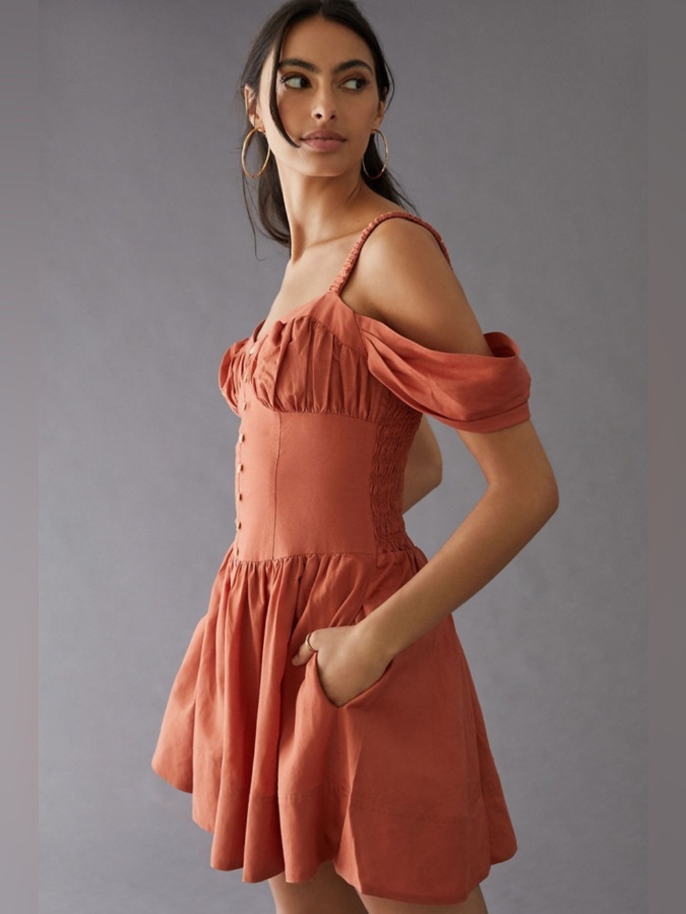 Anthropologie Off The Shoulder Linen Mini Dress in Canyon Pink/Orange - Picture 3 of 11